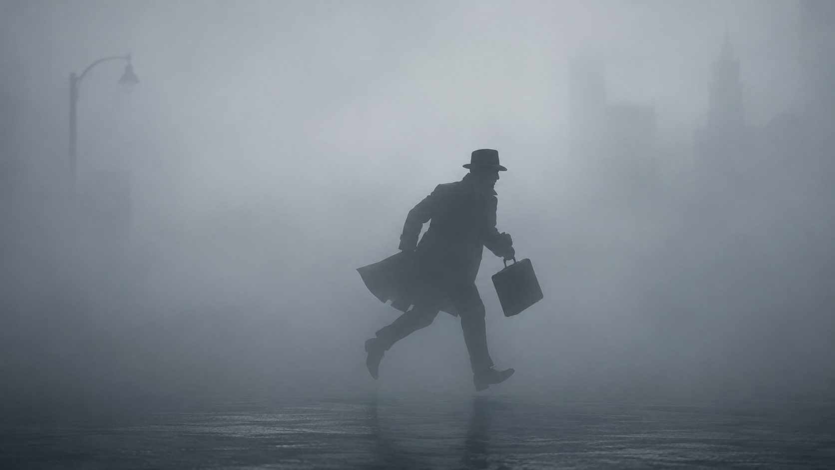 A salesman in a hat and long coat runs through a foggy city street, briefcase in hand.